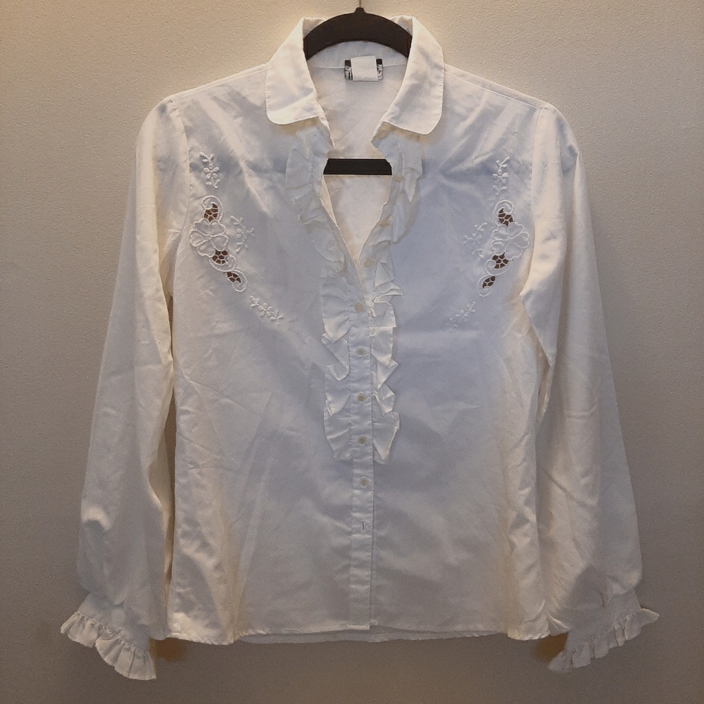 Vntg That'sMe Embroidered Ruffle Blouse Cream Sm